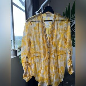 Maeve flowy boho beachy yellow and cream printed women’s button up blouse.